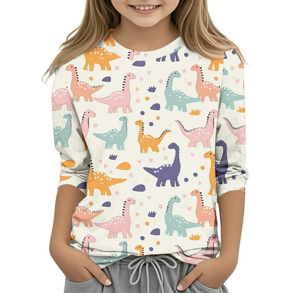 Ugoldhm Kids Tops Dinosaurs Graphic 3/4 Sleeve Tees Crewneck Casual Summer Fall Kids Shirts