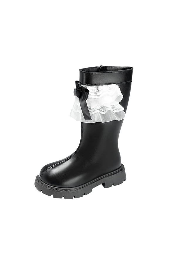 Lace Ruffle Bow Ankle Boots for Girls - Mid Calf Side Zipper Warm Dress Booties for 4-11 Years