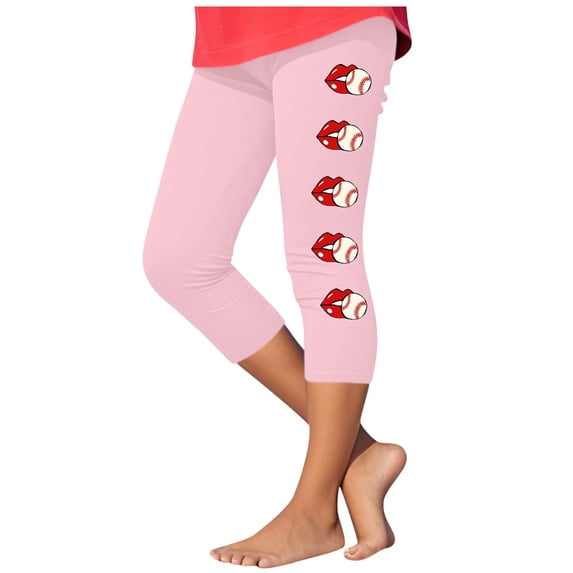 Ugoldhm Little Girls Athletic Capri Leggings Stretch Running Workout Summer Baseball Print Kids Yoga Pants Size 2-13