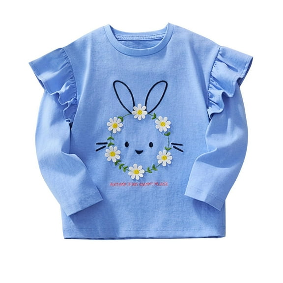 Ugoldhm Little Girls Cute Tees Round Neck Flower Embroidered Tops Rabbit Graphic Ruffle Shirts
