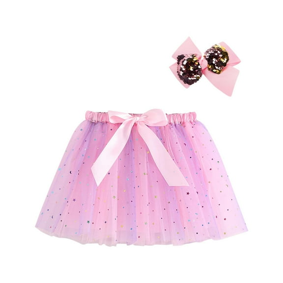Ugoldhm Little Girls Dance Skirt Mesh Elastic Waist Summer Print Skirts with Hair Band Size 3-8 Years