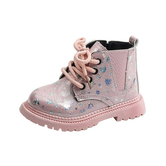 Ugoldhm Little Girls Heart Sequin Ankle Boots Lace Up Flat Shoes Side Zipper Booties