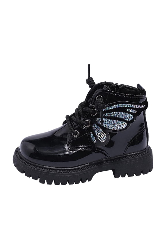 Little Girls Lace Up Ankle Boots Butterfly Wing Rshinestone Fashion Shoes Side Zipper Booties