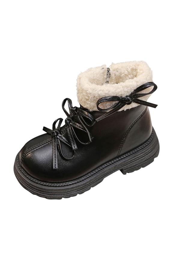Little Girls Snow Boots Bowknot Leather Cotton Down Ankle Booties Cold Weather Warm Shoes