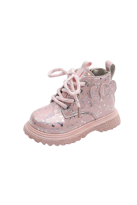 Little Girls Sparkly Ankle Boots Lace Up Sequin Flat Shoes Side Zipper Winter Booties