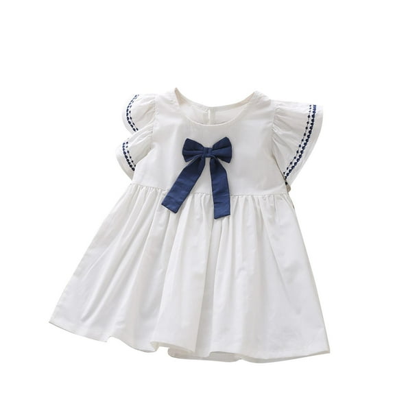 Ugoldhm Little Girls Summer Floral Dress Short Sleeve Crew Neck Solid Color Casual Cotton A-Line Dress 2-7 Years