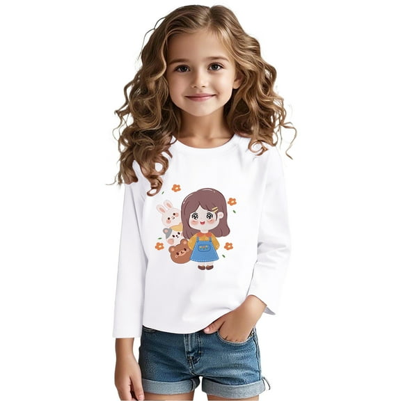 Ugoldhm Little Girls Tees Round Neck Cute Bear Printed Shirts Kids Fall Casual Clothes