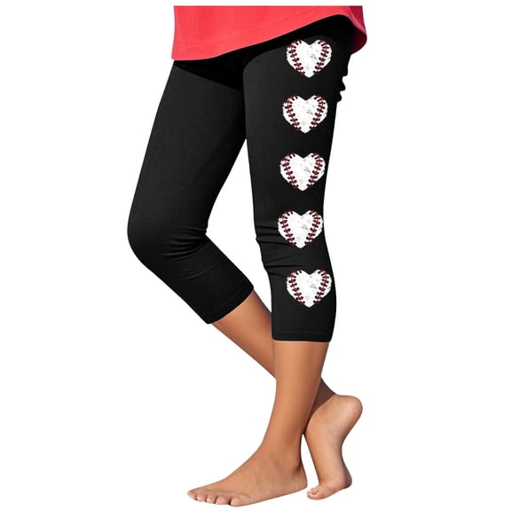 Ugoldhm Little Girls Workout Running Yoga Capris Pants Casual Baseball Print Summer Kids Athletic Leggings Size 2-13