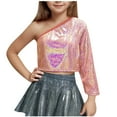 thumbnail image 1 of Ugoldhm Little Girls and Big Girls One Shoulder Shirts Crop Metallic Sparkle Tops for Dance, 1 of 4