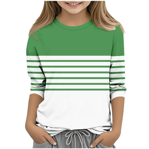 Ugoldhm Little Girls and Girls 3/4 Sleeve Tees Round Neck Striped Casual Shirts Sizes 3-14