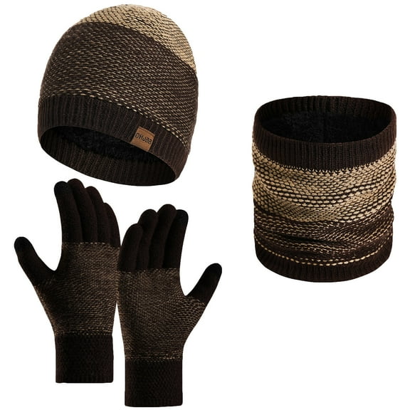 Ugoldhm Men's Winter Warm Set - Beanie Hat, Neck Warmer & Knit Gloves Fleece Lined 3 Piece Set