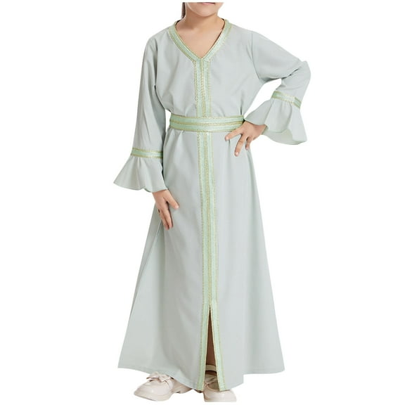 Ugoldhm Muslim Baby Girls Robe 6M-6Y Fall Cotton Long Sleeve Striped Crew Neck Dress Toddler Outfit