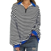 Ugoldhm Oversized Sweatshirt for Women - Oversized Striped Sweatshirt Quarter Zip Sweatshirts Womens Clothing Trendy 2024 Blue Sweatshirts Size S