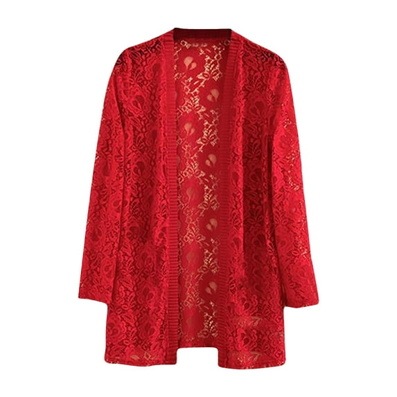perfectbot Plus Size Cardigans for Women - Casual Solid Color Lace Crochet Long Sleeve Sheer Cover Up Tops