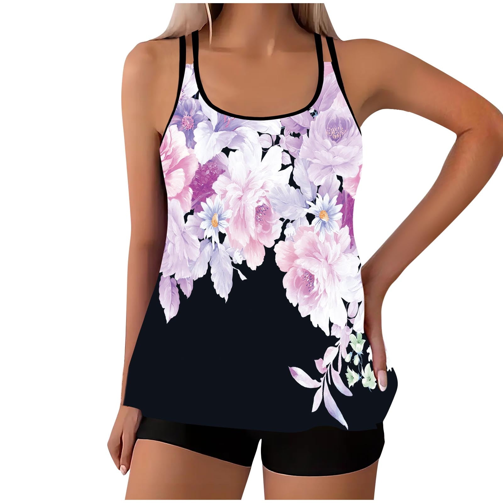 Plus Size Botanical Print Surplice Neck Two-Piece Swim Set