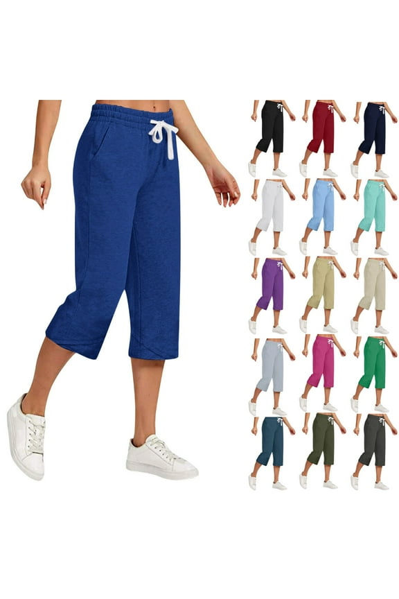 Capri Pants for Women Summer Linen Wide Leg High Waisted Drawstring Capris Lightweight Elastic Cropped Pants