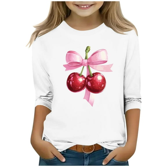 Ugoldhm Shirts for Girls Bow Print Crewneck Casual Tops 3/4 Sleeve Blouse for 3-12 Years