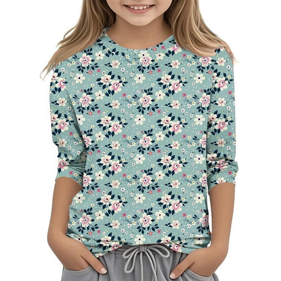 Ugoldhm Shirts for Girls Crewneck Dressy Floral Printed Tops 3/4 Sleeves Cute Loose Fit Tees