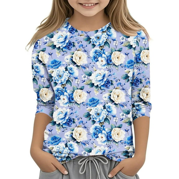 Ugoldhm Shirts for Girls Crewneck Dressy Floral Printed Tops 3/4 Sleeves Cute Loose Fit Tees