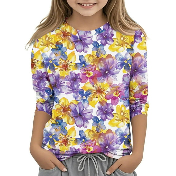 Ugoldhm Shirts for Girls Crewneck Dressy Floral Printed Tops 3/4 Sleeves Cute Loose Fit Tees