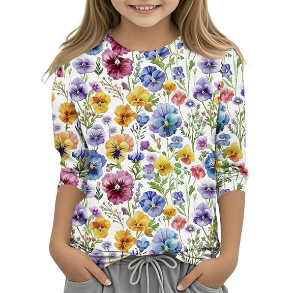 Ugoldhm Shirts for Girls Crewneck Dressy Floral Printed Tops 3/4 Sleeves Cute Loose Fit Tees