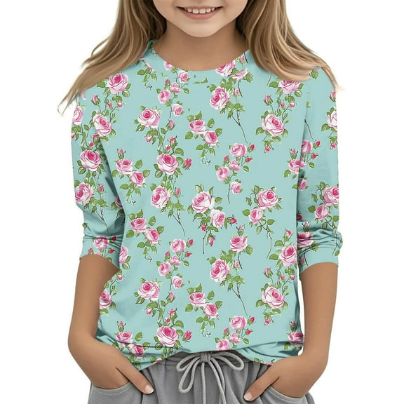 Ugoldhm Shirts for Girls Crewneck Dressy Floral Printed Tops 3/4 Sleeves Cute Loose Fit Tees