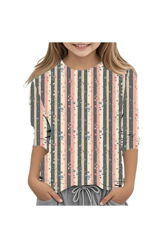Shirts for Girls Striped 3/4 Sleeves Casual Tops Crewneck Fall Undershirt Tees