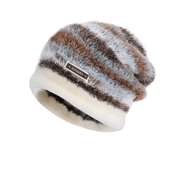 Ugoldhm Slouchy Beanie Hat for Women, Stripe Fleece Fuzzy Hat Protection Hat for Thermal Winter