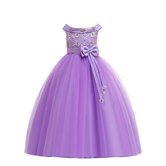 Ugoldhm Summer Girls' Mesh Ball Gown Solid Dressy Sleeveless Dresses with Bow, Elegant Party Dress for 7-14 Years