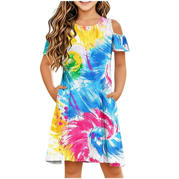 Ugoldhm Summer Sunflower Print Sundress for Girls Cold Shoulder Casual Dress 3-14 Years Kids Playful Printed Outfit