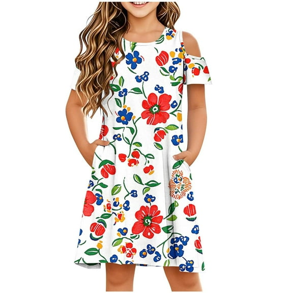 Ugoldhm Summer Sunflower Print Sundress for Girls Cold Shoulder Casual Dress 3-14 Years Kids Playful Printed Outfit