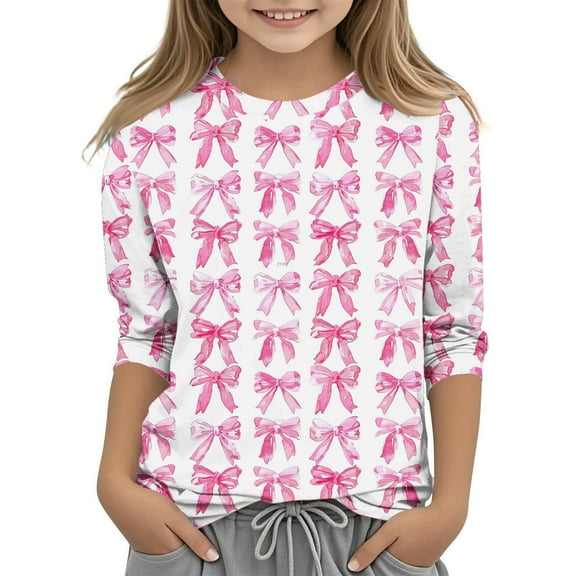 Ugoldhm Tees for Girls Bow Graphic 3/4 Sleeve Round Neck Tops Causal Summer Fall Kids Shirts