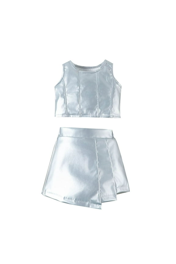 Toddler Girl Crew Neck Tank Sets Shiny Crop Top Faux Leather and Short Skirts for Dancing Athletic 1-8 Years