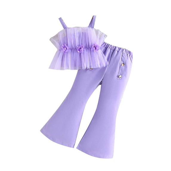 Ugoldhm Toddler Girls 2-Piece Outfit – Spaghetti Strap Tulle Ruffle Crop Top & Flared Pants Set, Sizes 2-8 Years