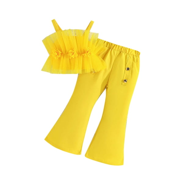 Ugoldhm Toddler Girls 2-Piece Outfit – Spaghetti Strap Tulle Ruffle Crop Top & Flared Pants Set, Sizes 2-8 Years