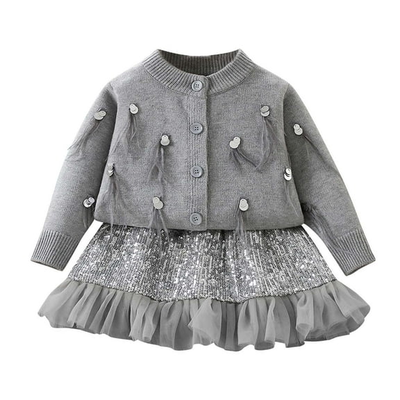 Ugoldhm Toddler Girls Fashion Outfits Button Down Sweater Cardigans Sequin Ruffle Skirt Fall Cute Sets