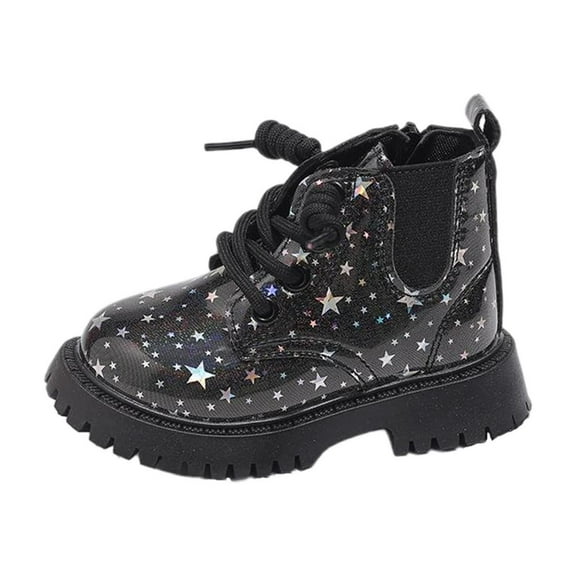 Ugoldhm Toddler Girls Star Sequin Ankle Boots Sparkly Lace Up Flat Shoes Side Zipper Booties