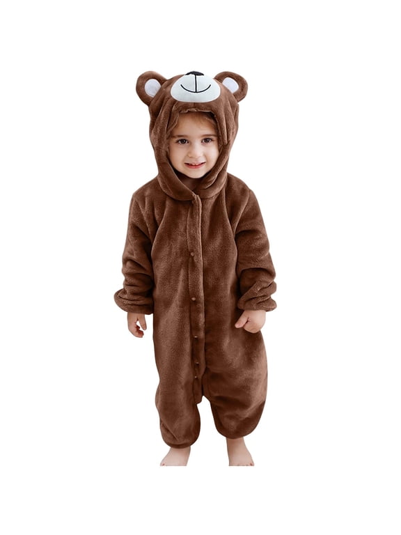 Toddlers Bear Costume Cosplay Jumpsuits, Hooded Flannel Fuzzy for Fall Winter, Sizes 3M-6Y