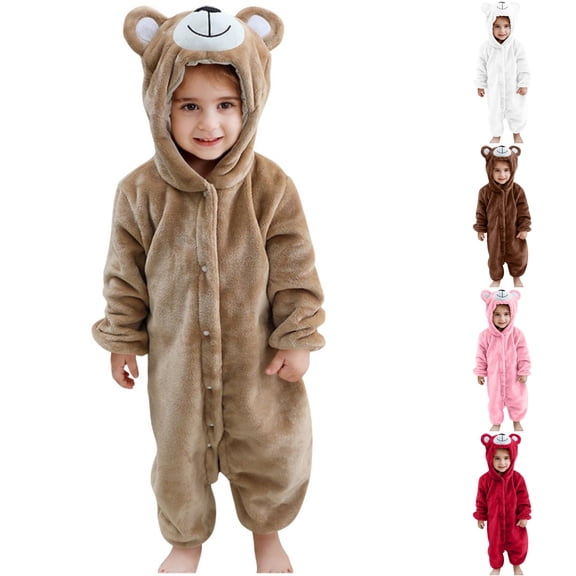 Ugoldhm Toddlers Bear Costume Cosplay Rompers Flannel Fuzzy Fall Winter Hooded Jumpsuits Sizes 3M-6Y