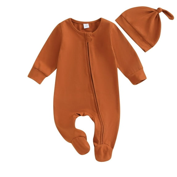 Ugoldhm Toddlers Bodysuit and Cap Set Zip Up Footie Romper Baby Outfit Clothes 0-6 Months