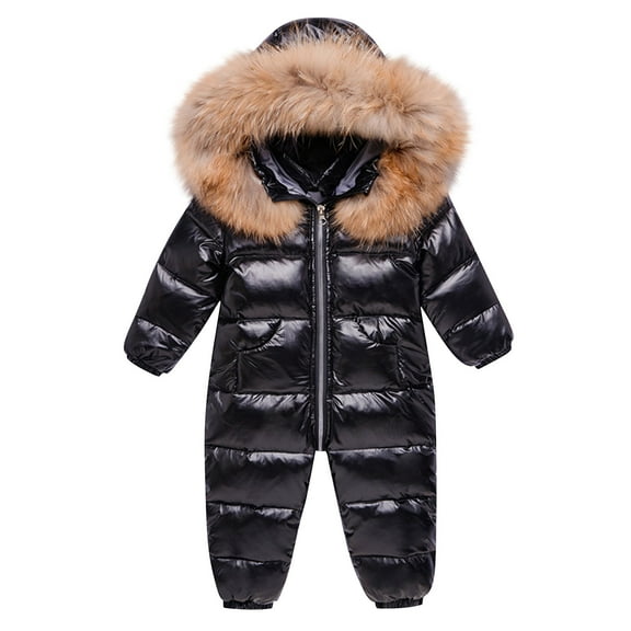 Ugoldhm Toddlers Snowsuit One Piece Faux Fur Hooded Jumpsuit Zipper Down Rompers Winter Warm Clothes