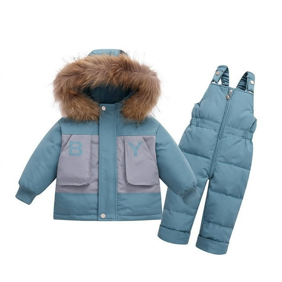 Ugoldhm Toddlers Winter Clothes Fleece Hooded Puffer Printed Bib Pant Thermal Snowsuit Set