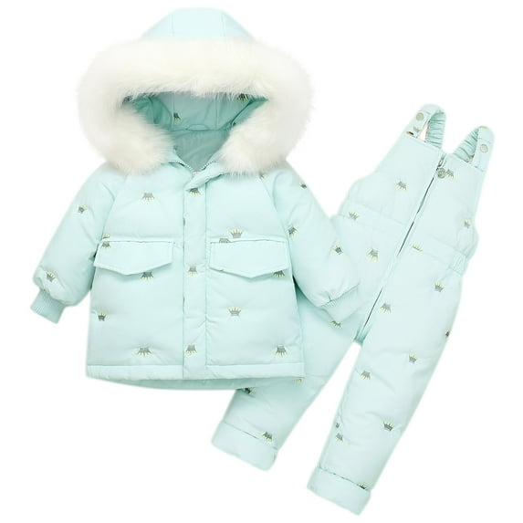 Ugoldhm Toddlers Winter Clothes Fleece Hooded Puffer Printed Bib Pant Thermal Snowsuit Set