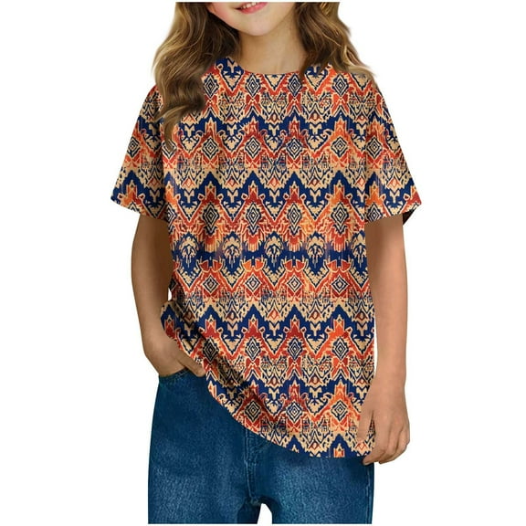 Ugoldhm Tween Girl Casual Wear T-Shirts Summer Short Sleeve Crewneck Cute Print Tee Tops Girls Clothing 3-14 Years