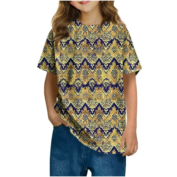 Ugoldhm Tween Girl Casual Wear T-Shirts Summer Short Sleeve Crewneck Cute Print Tee Tops Girls Clothing 3-14 Years