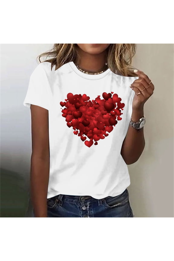 Valentine's Day T Shirts for Women Red Heart Print Crewneck Valentines Gift Tee Tops Women's Blouses