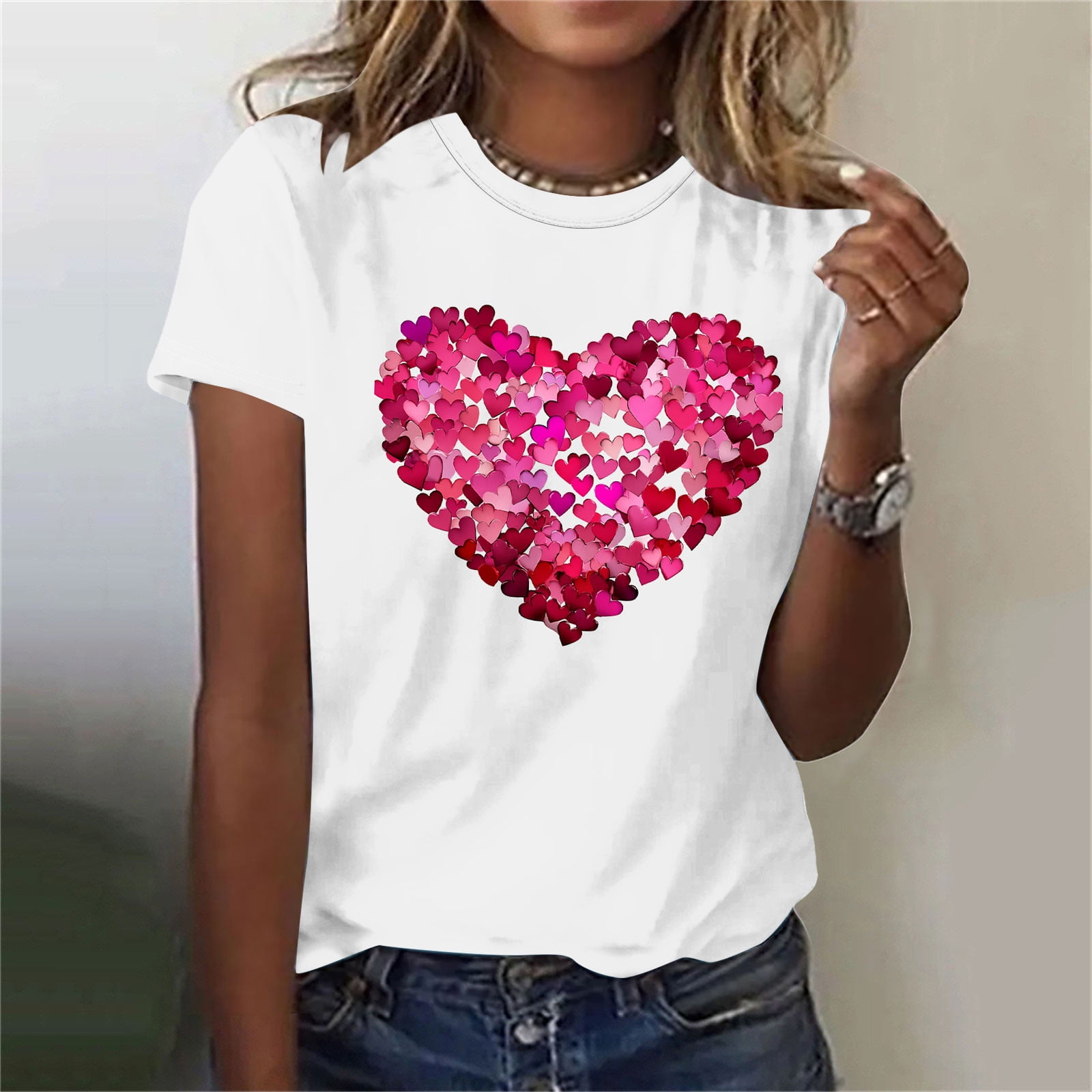 Rhinestone Heart Graphic Crew Neck Valentines Tee