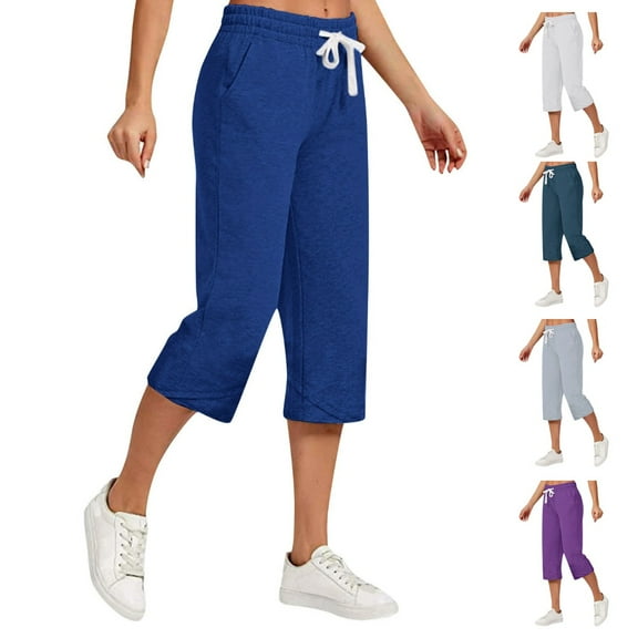 REALiKUN Women's Plus Size Capris Pants Drawstring Solid Color Cotton Linen 3/4 Length Casual Loose Pocket Pant