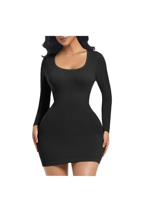 Women's Crew Neck Ribbed Bodycon Dress - Long Sleeve Slim-Fit Mid-Thigh Pencil Dress