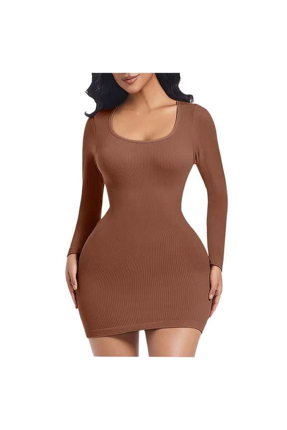 Women's Crew Neck Ribbed Bodycon Dress - Long Sleeve Slim-Fit Mid-Thigh Pencil Dress